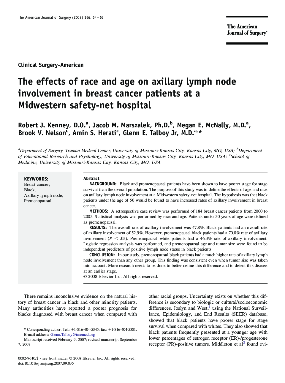 The effects of race and age on axillary lymph node involvement in breast cancer patients at a Midwestern safety-net hospital