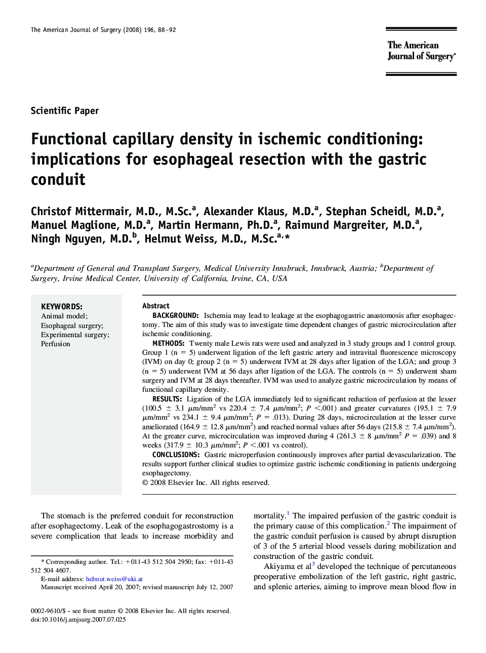 Functional capillary density in ischemic conditioning: implications for esophageal resection with the gastric conduit