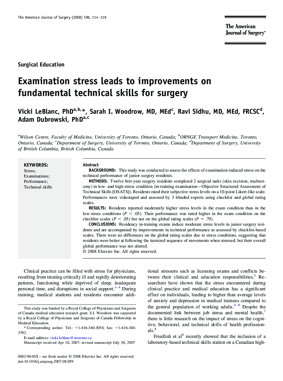 Examination stress leads to improvements on fundamental technical skills for surgery 