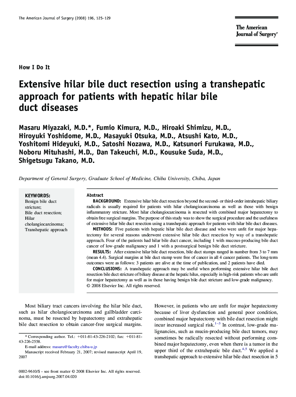 Extensive hilar bile duct resection using a transhepatic approach for patients with hepatic hilar bile duct diseases