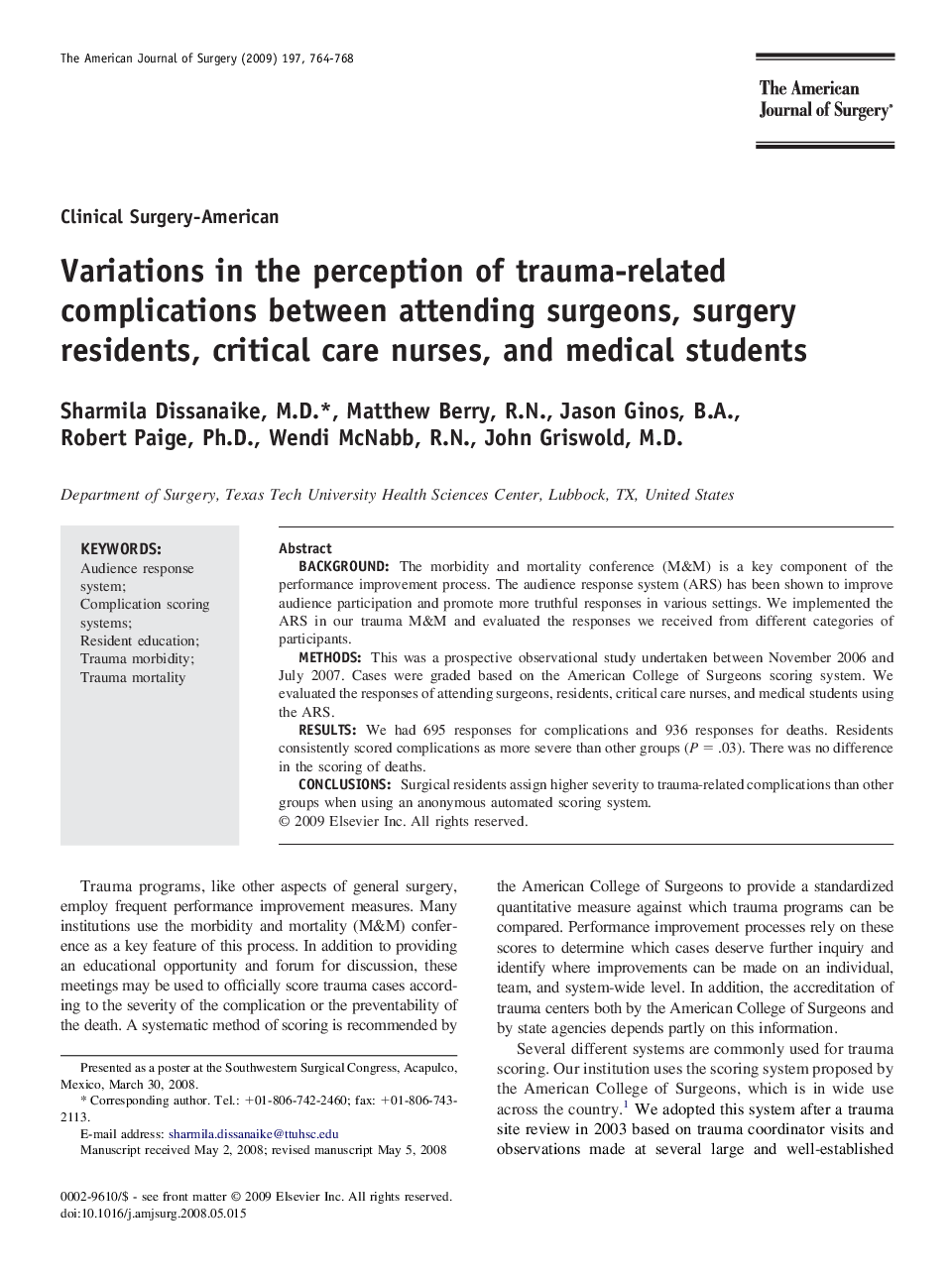 Variations in the perception of trauma-related complications between attending surgeons, surgery residents, critical care nurses, and medical students