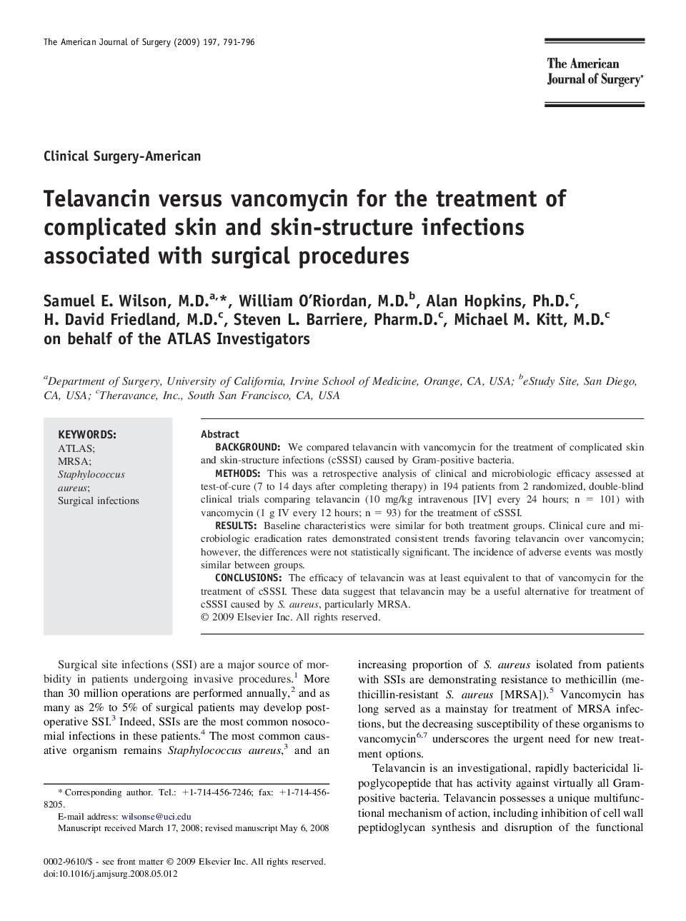 Telavancin versus vancomycin for the treatment of complicated skin and skin-structure infections associated with surgical procedures