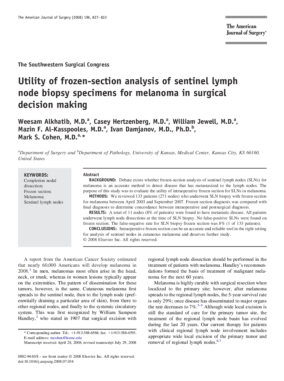 Utility of frozen-section analysis of sentinel lymph node biopsy specimens for melanoma in surgical decision making