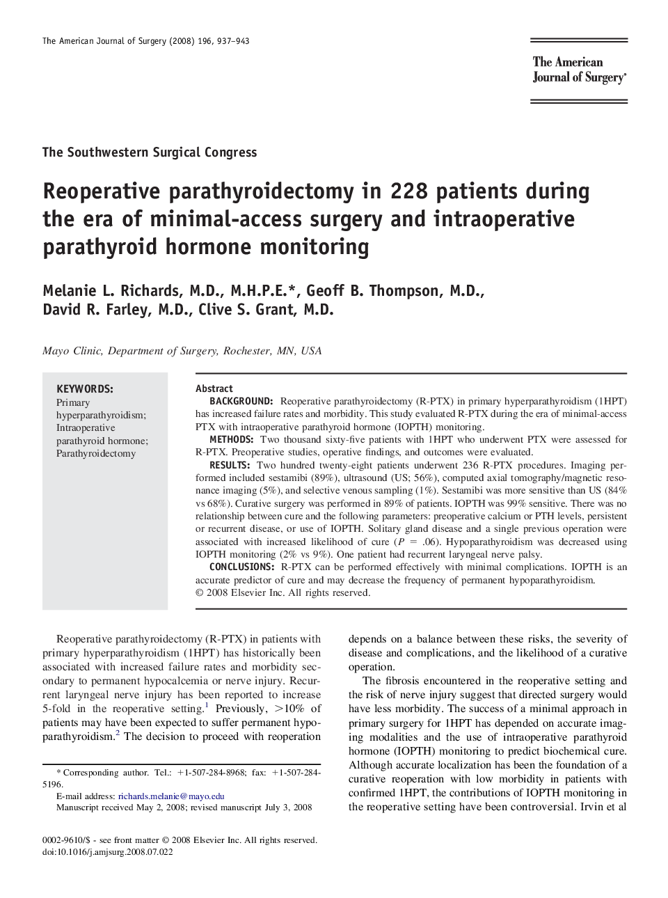 Reoperative parathyroidectomy in 228 patients during the era of minimal-access surgery and intraoperative parathyroid hormone monitoring