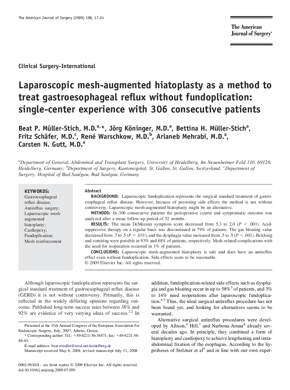 Laparoscopic mesh-augmented hiatoplasty as a method to treat gastroesophageal reflux without fundoplication: single-center experience with 306 consecutive patients