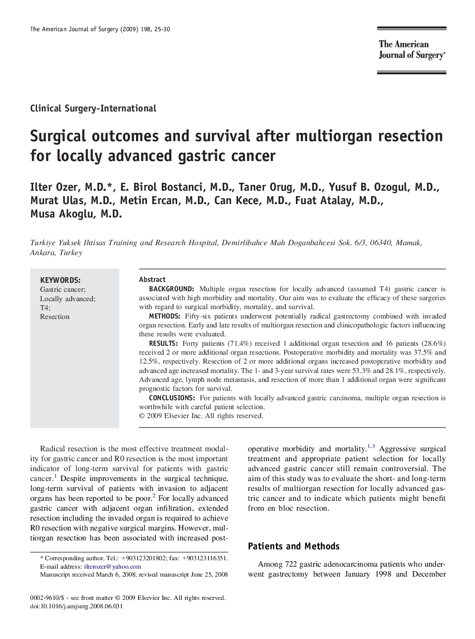 Surgical outcomes and survival after multiorgan resection for locally advanced gastric cancer