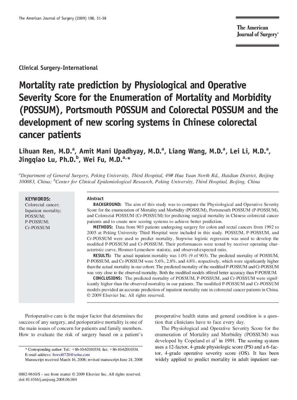 Mortality rate prediction by Physiological and Operative Severity Score for the Enumeration of Mortality and Morbidity (POSSUM), Portsmouth POSSUM and Colorectal POSSUM and the development of new scoring systems in Chinese colorectal cancer patients