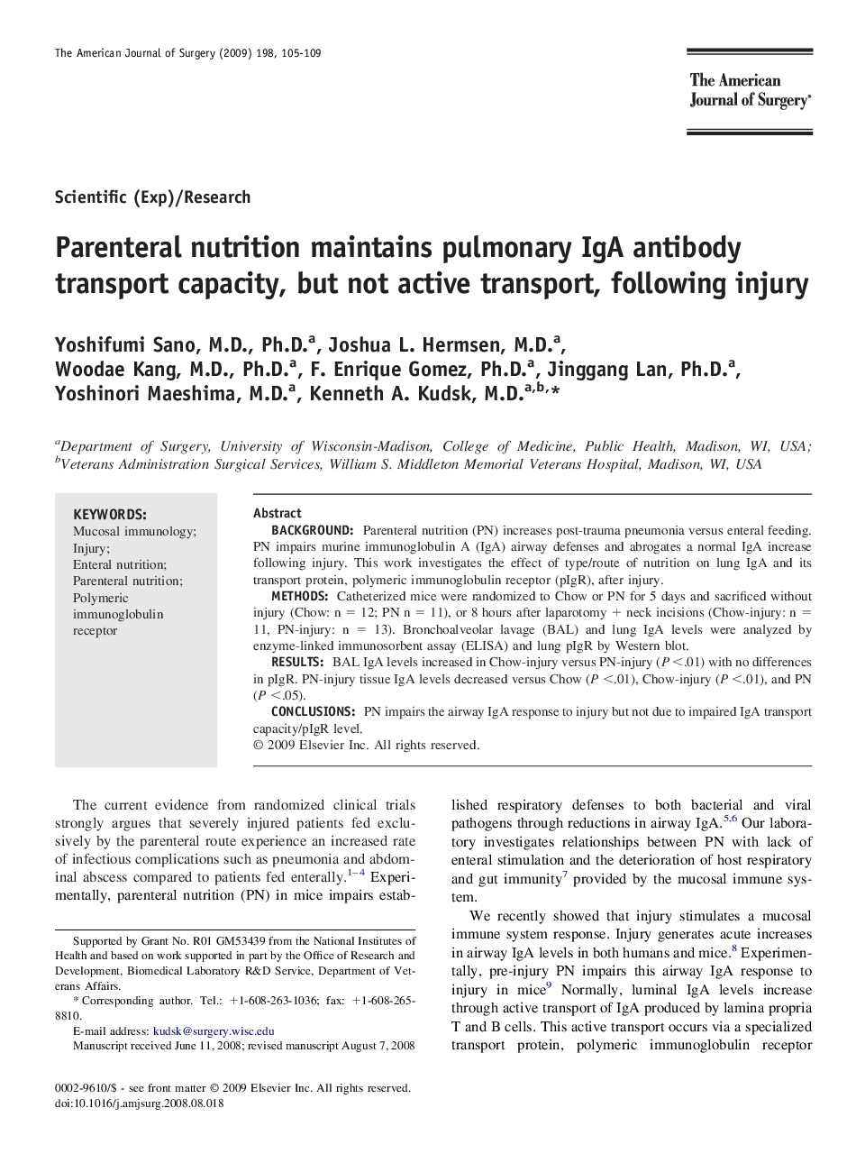 Parenteral nutrition maintains pulmonary IgA antibody transport capacity, but not active transport, following injury 