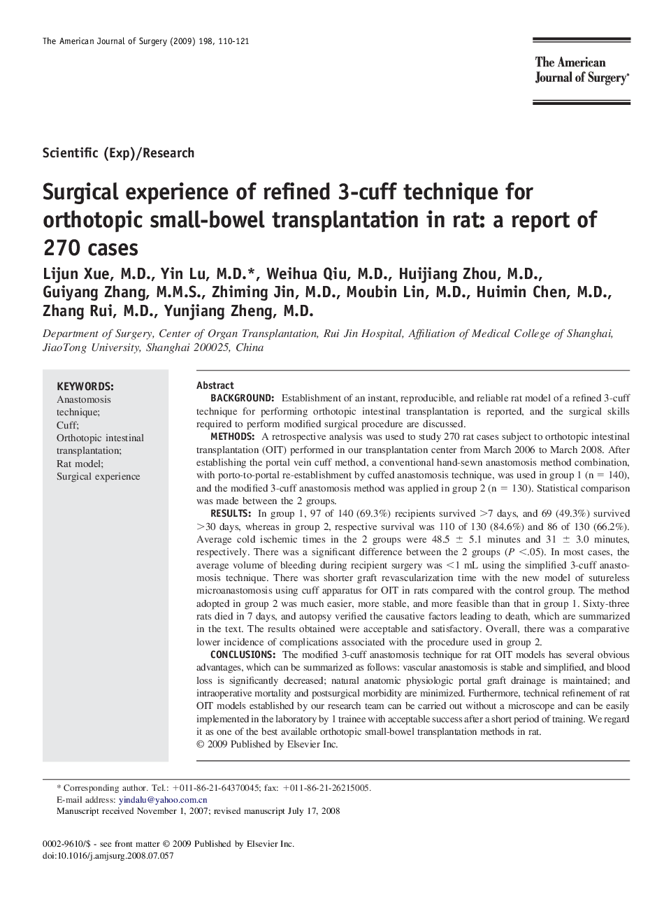 Surgical experience of refined 3-cuff technique for orthotopic small-bowel transplantation in rat: a report of 270 cases