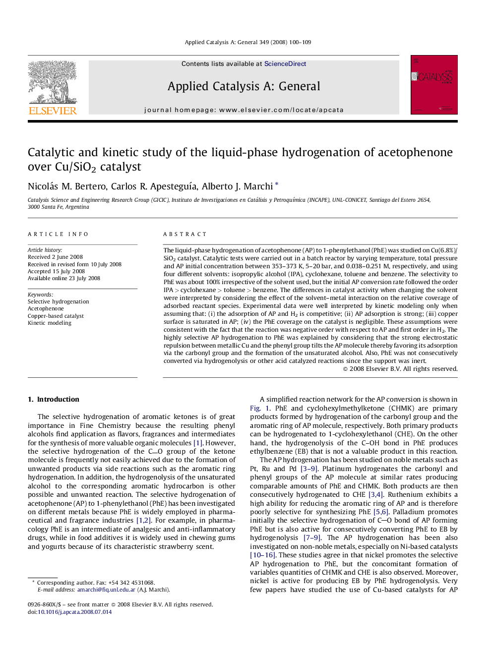 Catalytic and kinetic study of the liquid-phase hydrogenation of acetophenone over Cu/SiO2 catalyst