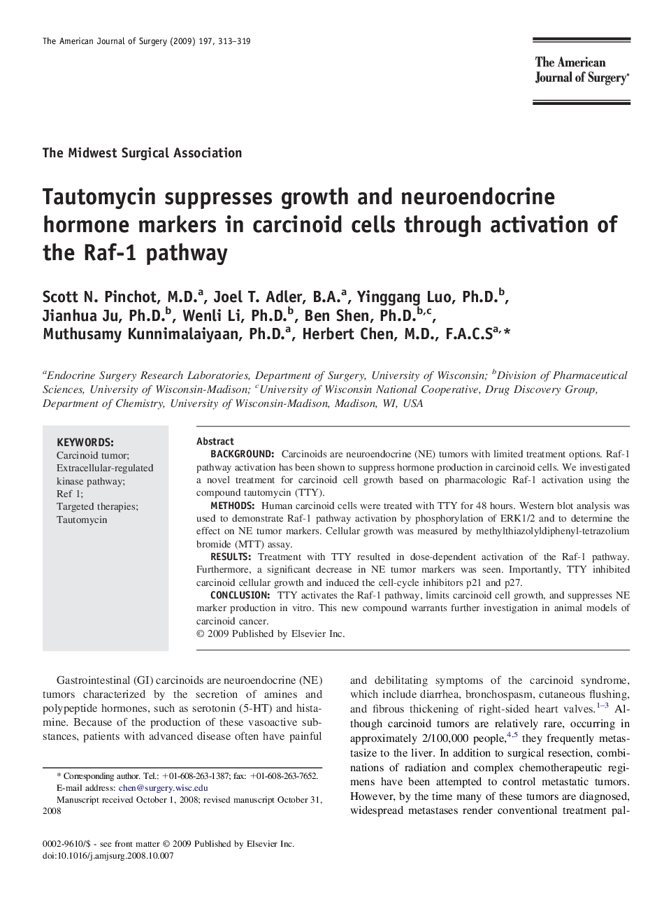 Tautomycin suppresses growth and neuroendocrine hormone markers in carcinoid cells through activation of the Raf-1 pathway