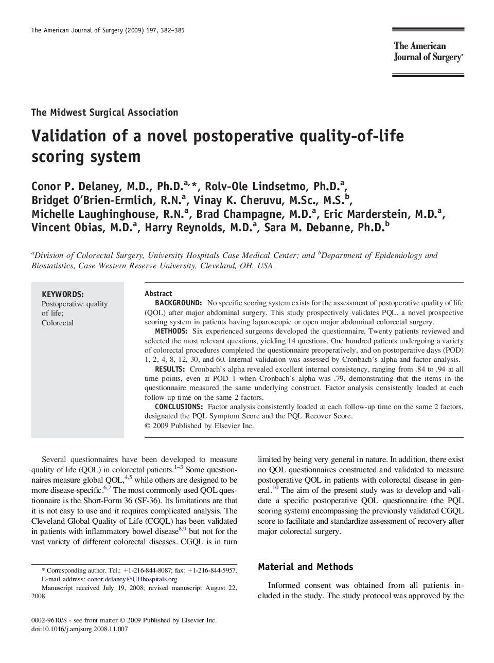 Validation of a novel postoperative quality-of-life scoring system
