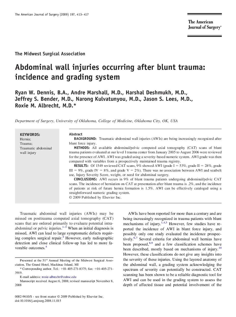 Abdominal wall injuries occurring after blunt trauma: incidence and grading system