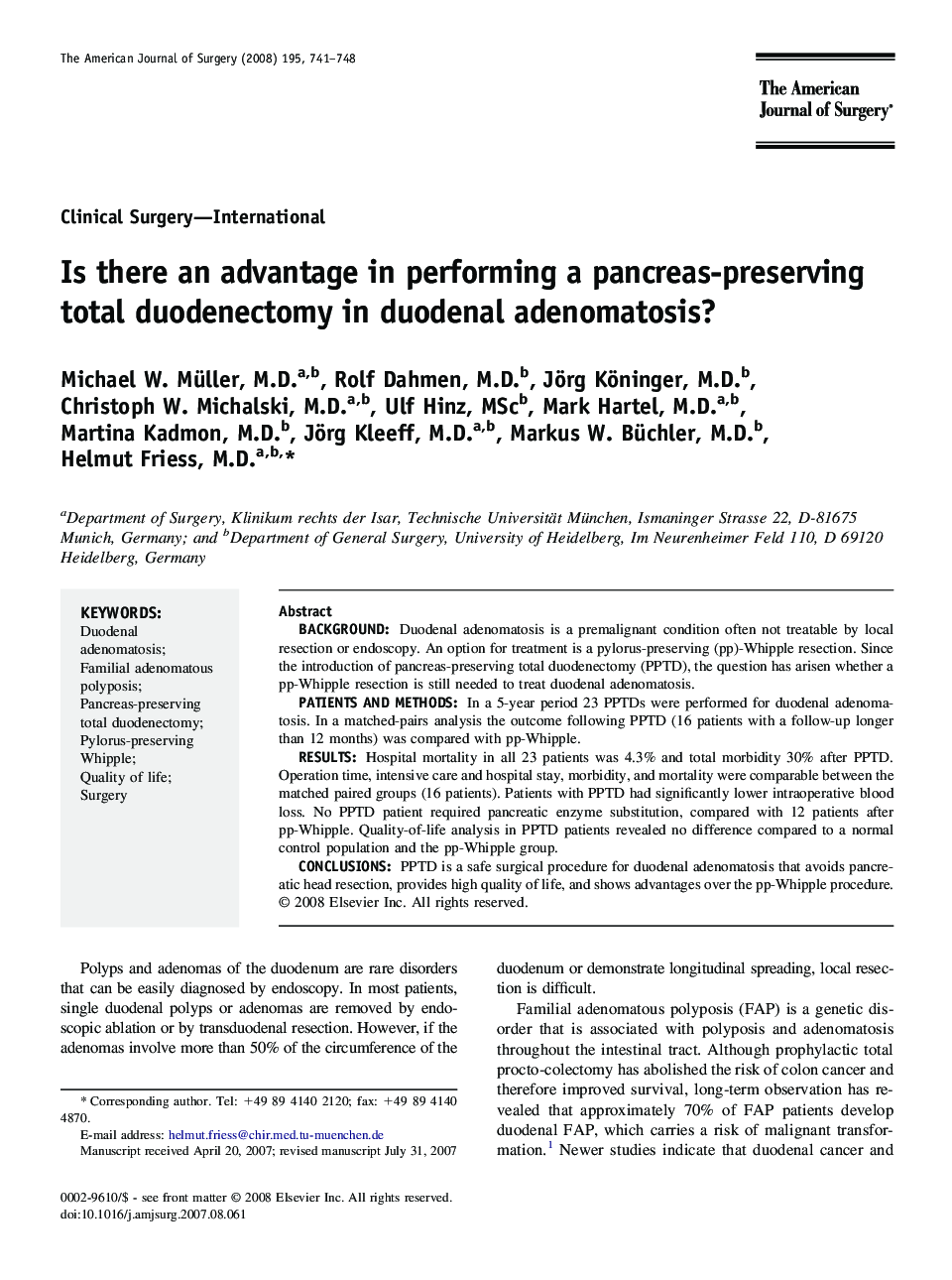 Is there an advantage in performing a pancreas-preserving total duodenectomy in duodenal adenomatosis?