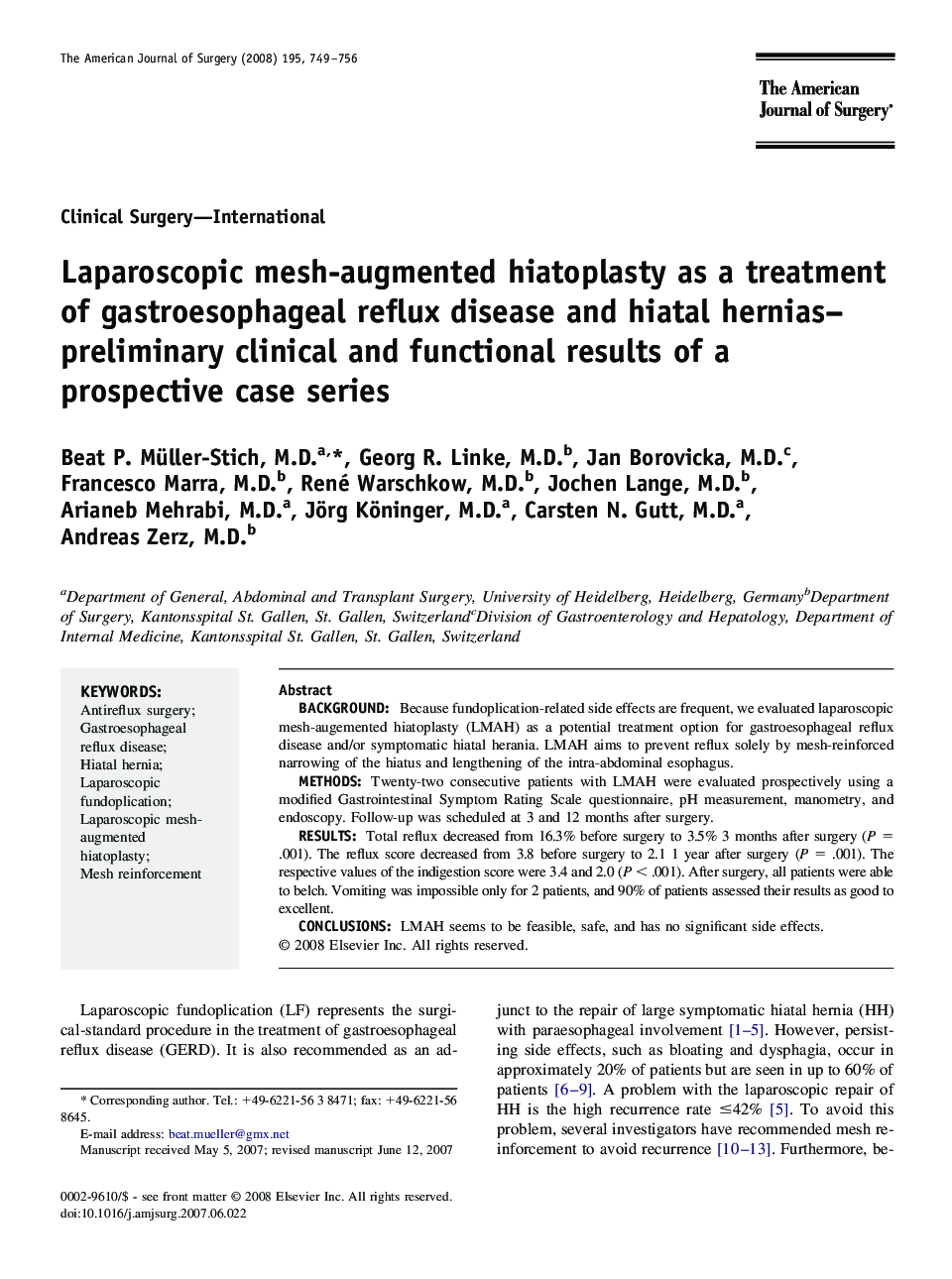 Laparoscopic mesh-augmented hiatoplasty as a treatment of gastroesophageal reflux disease and hiatal hernias–preliminary clinical and functional results of a prospective case series