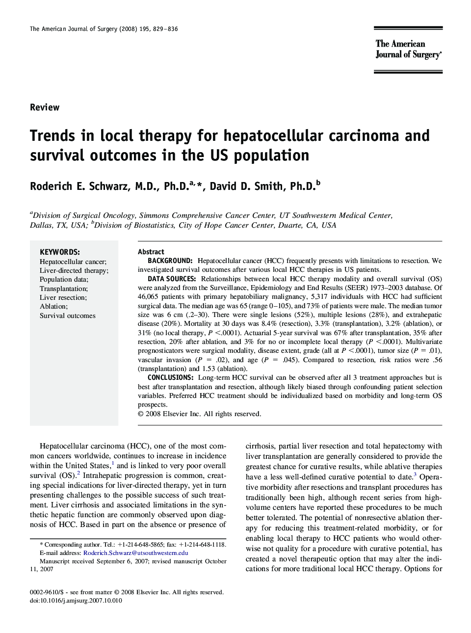 Trends in local therapy for hepatocellular carcinoma and survival outcomes in the US population