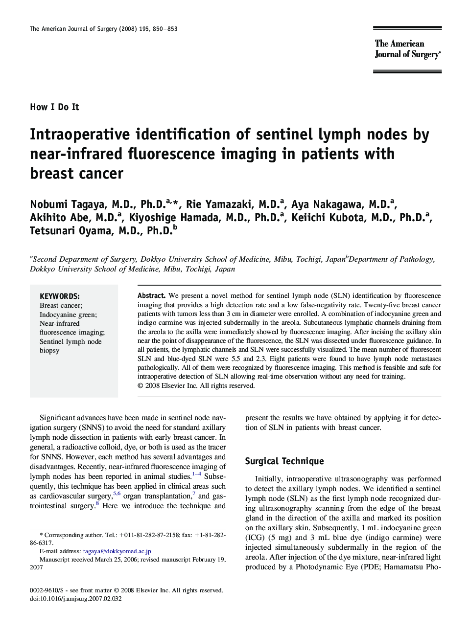 Intraoperative identification of sentinel lymph nodes by near-infrared fluorescence imaging in patients with breast cancer