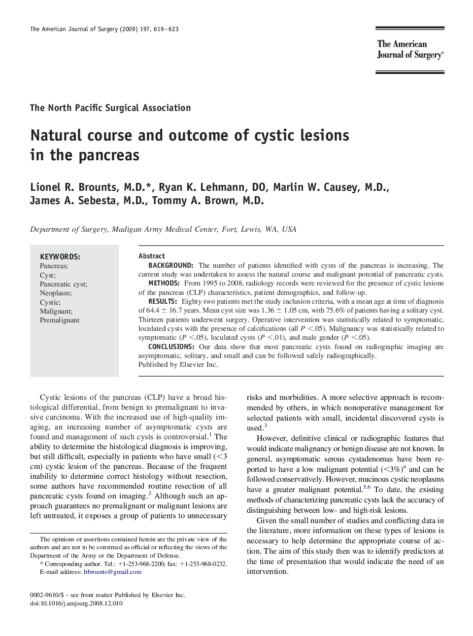 Natural course and outcome of cystic lesions in the pancreas 