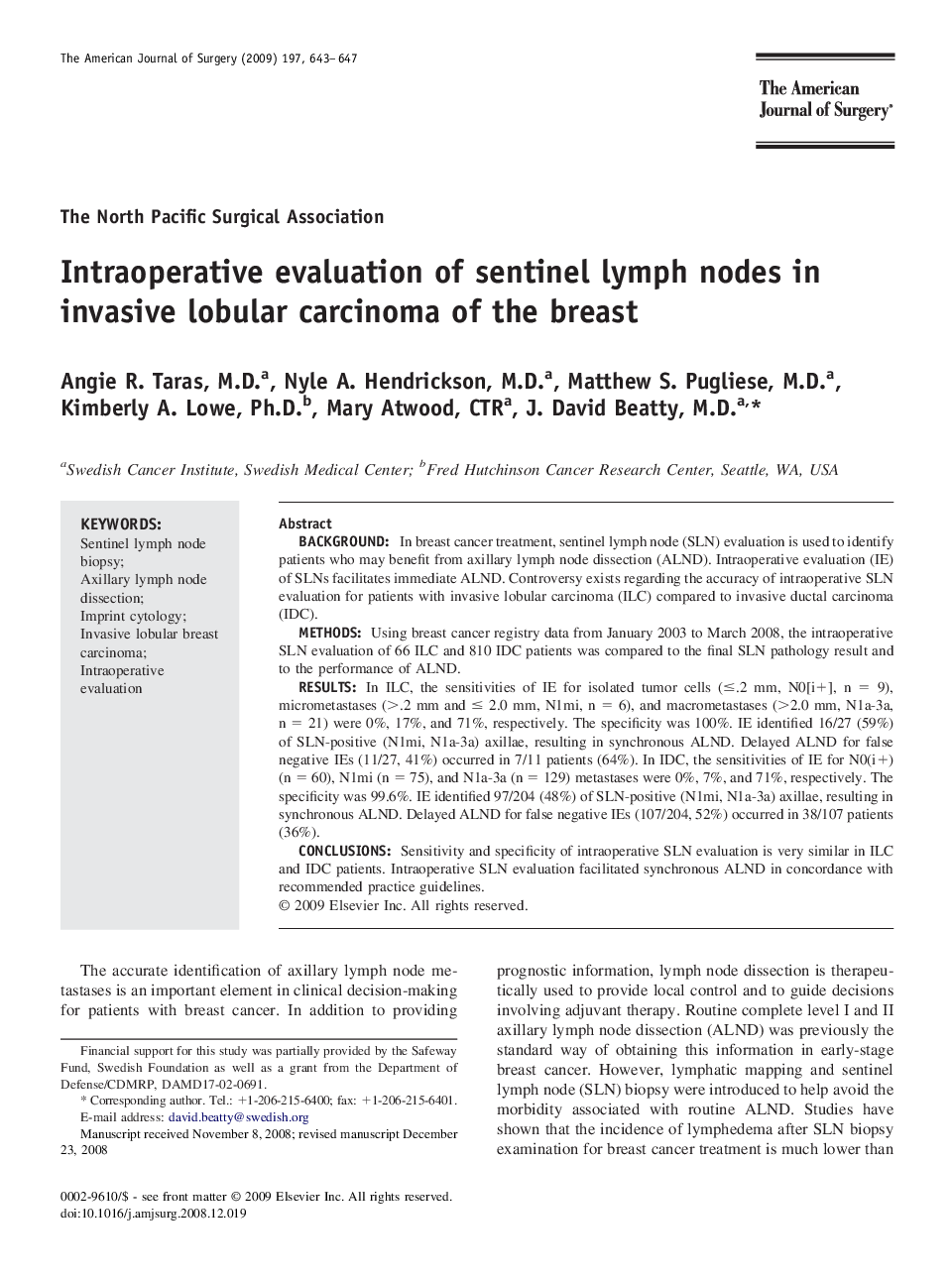 Intraoperative evaluation of sentinel lymph nodes in invasive lobular carcinoma of the breast