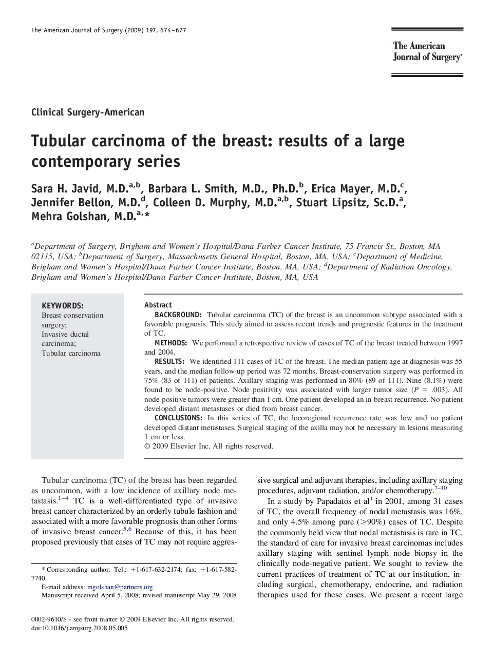 Tubular carcinoma of the breast: results of a large contemporary series