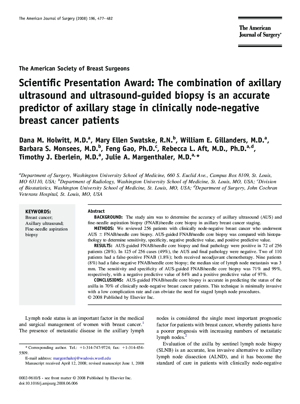Scientific Presentation Award: The combination of axillary ultrasound and ultrasound-guided biopsy is an accurate predictor of axillary stage in clinically node-negative breast cancer patients