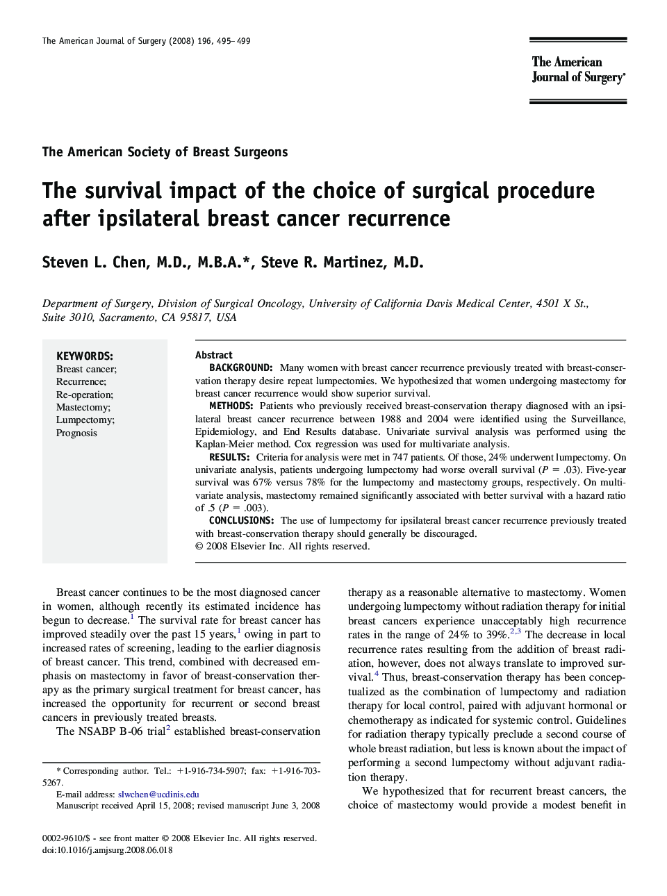 The survival impact of the choice of surgical procedure after ipsilateral breast cancer recurrence