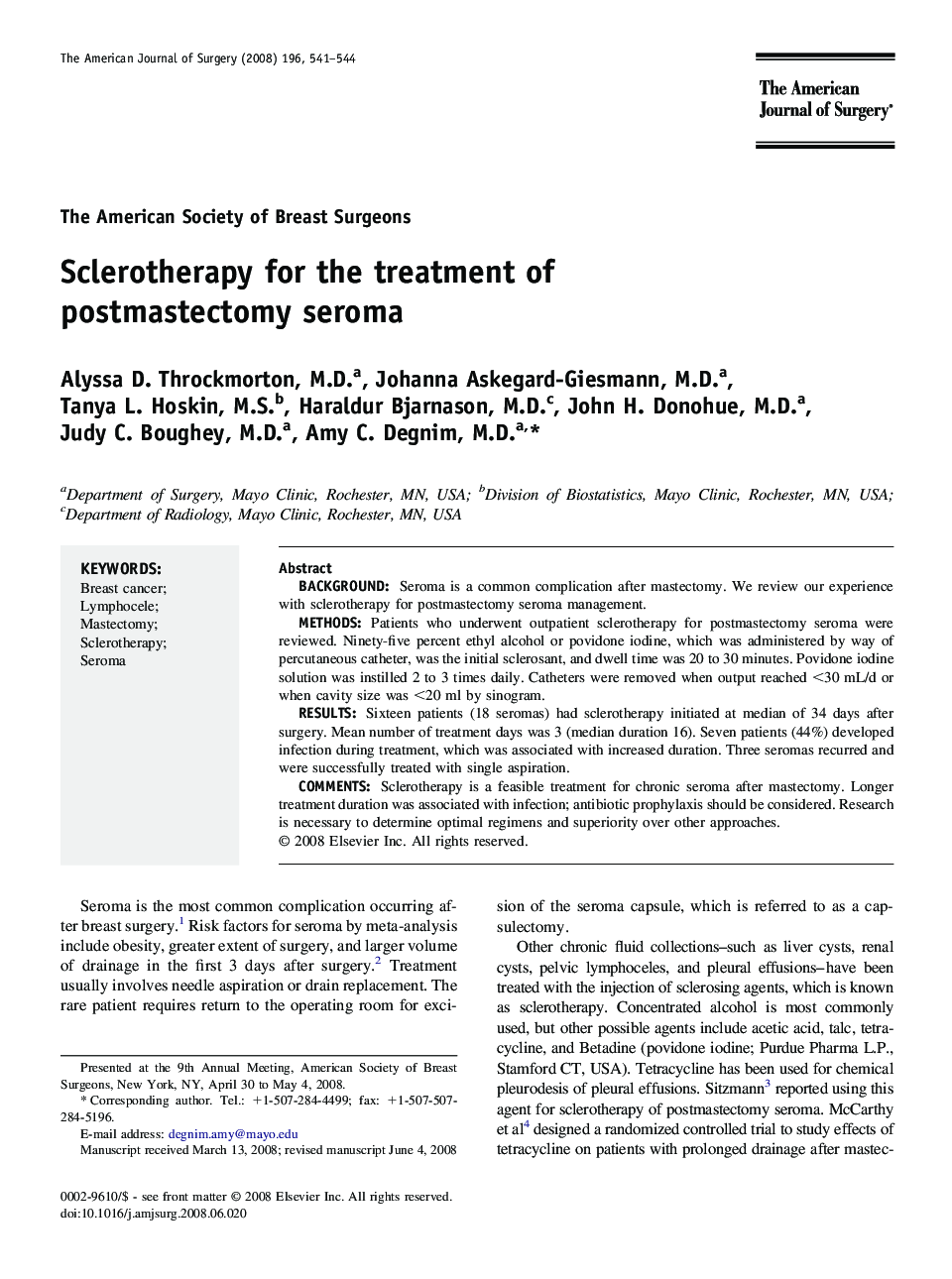 Sclerotherapy for the treatment of postmastectomy seroma