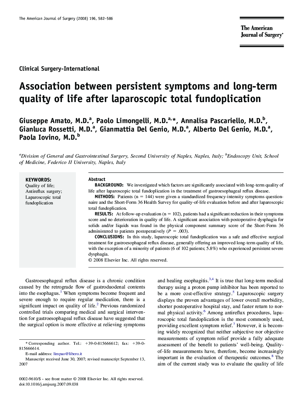 Association between persistent symptoms and long-term quality of life after laparoscopic total fundoplication