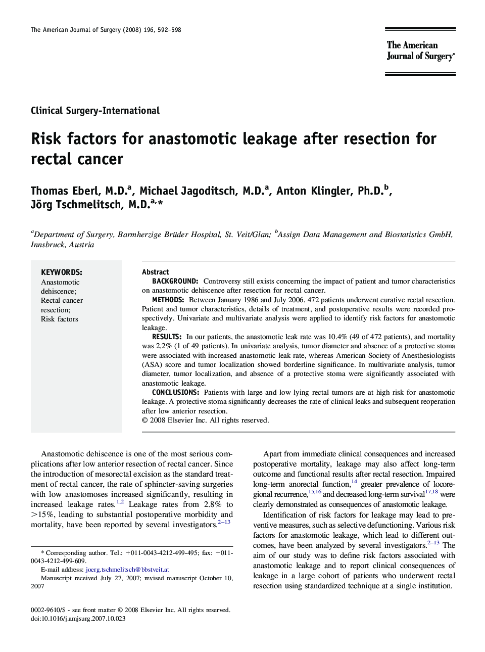 Risk factors for anastomotic leakage after resection for rectal cancer