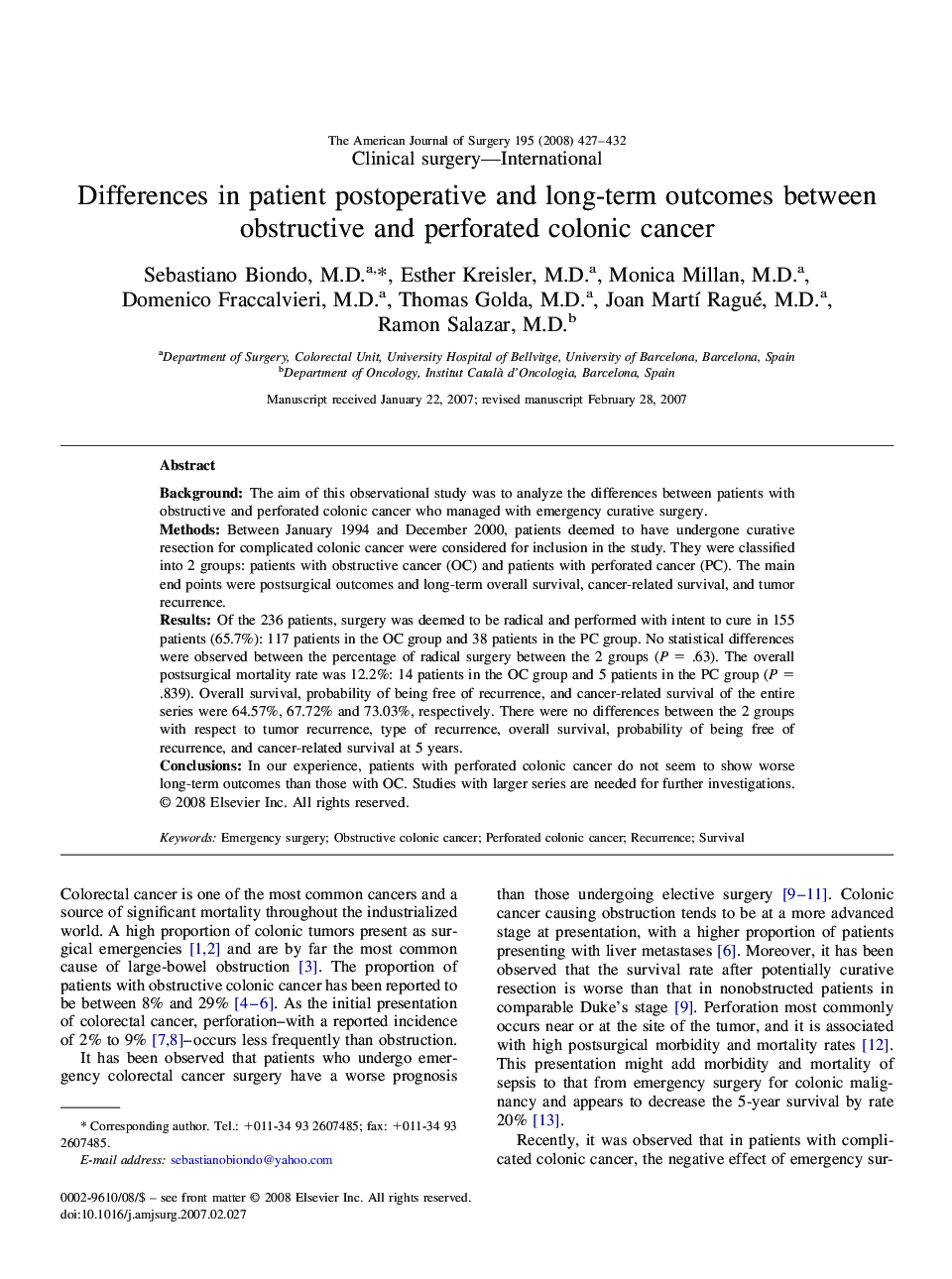 Differences in patient postoperative and long-term outcomes between obstructive and perforated colonic cancer