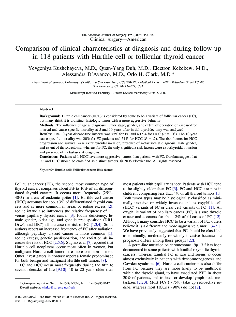 Comparison of clinical characteristics at diagnosis and during follow-up in 118 patients with Hurthle cell or follicular thyroid cancer