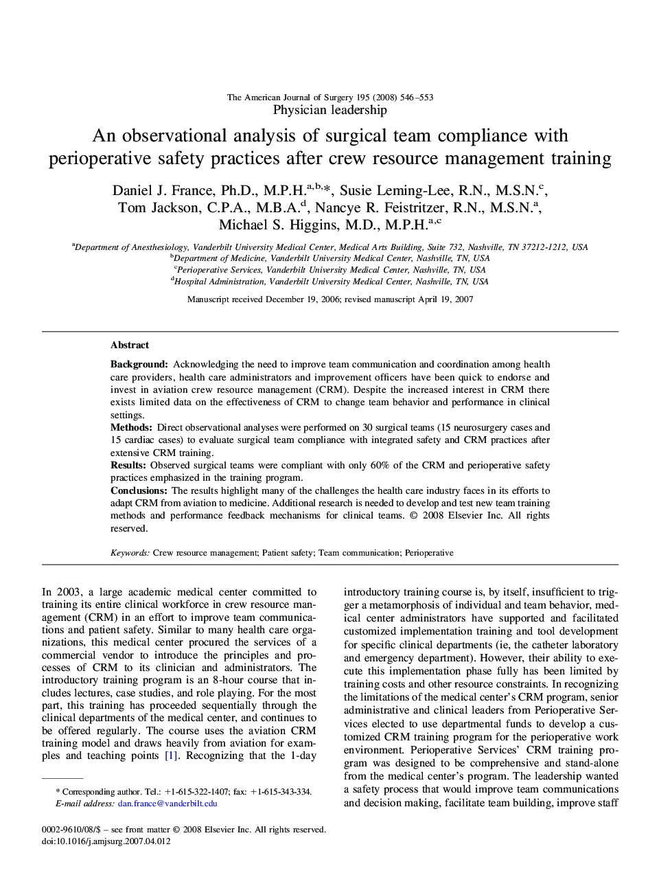 An observational analysis of surgical team compliance with perioperative safety practices after crew resource management training