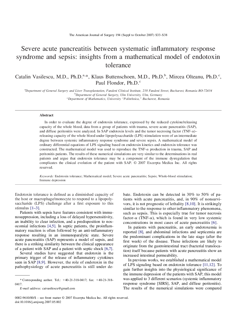 Severe acute pancreatitis between systematic inflammatory response syndrome and sepsis: insights from a mathematical model of endotoxin tolerance