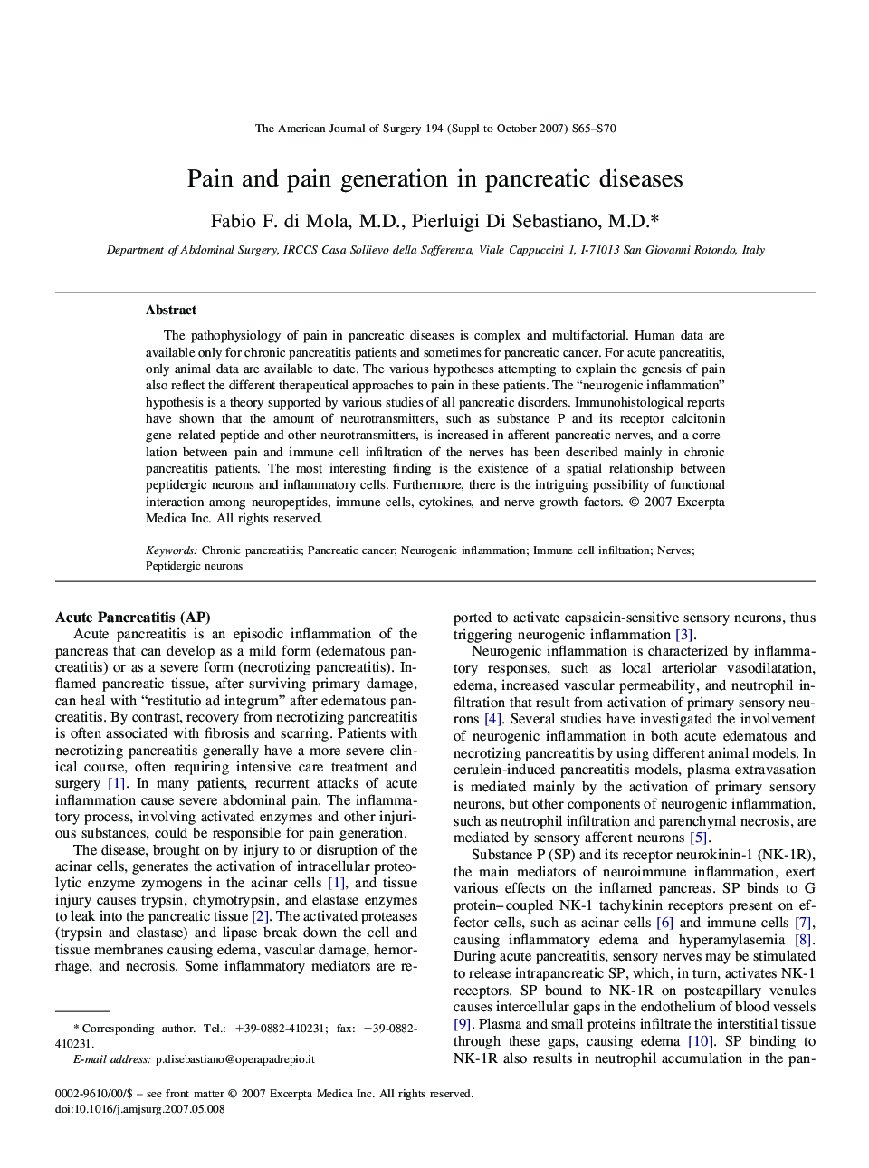 Pain and pain generation in pancreatic diseases