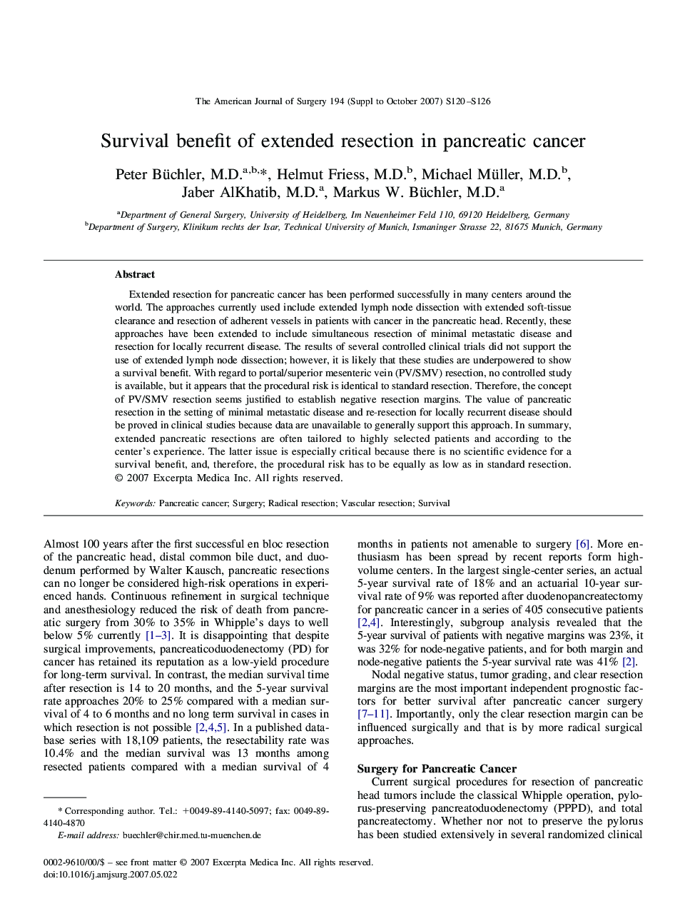 Survival benefit of extended resection in pancreatic cancer