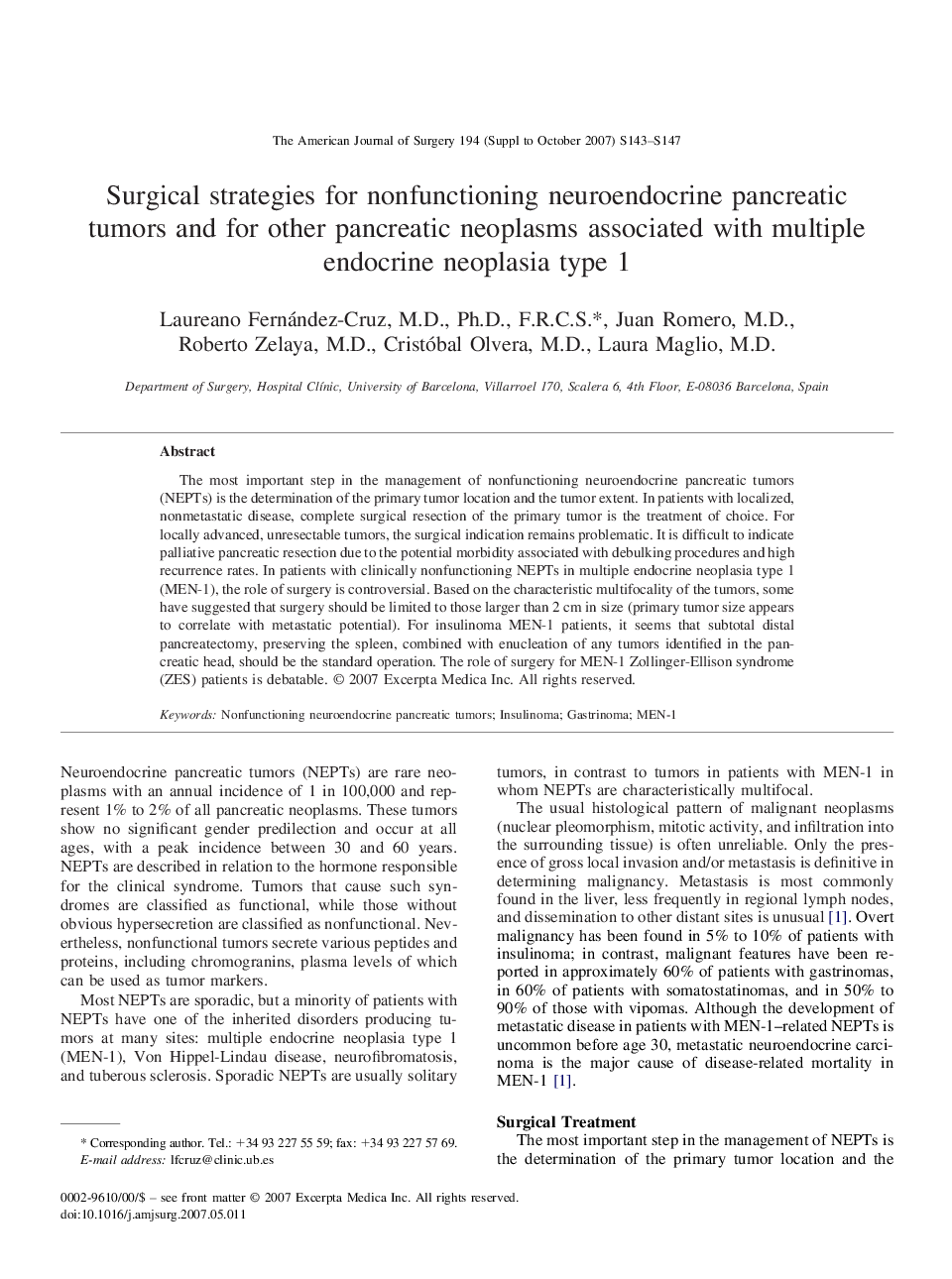 Surgical strategies for nonfunctioning neuroendocrine pancreatic tumors and for other pancreatic neoplasms associated with multiple endocrine neoplasia type 1