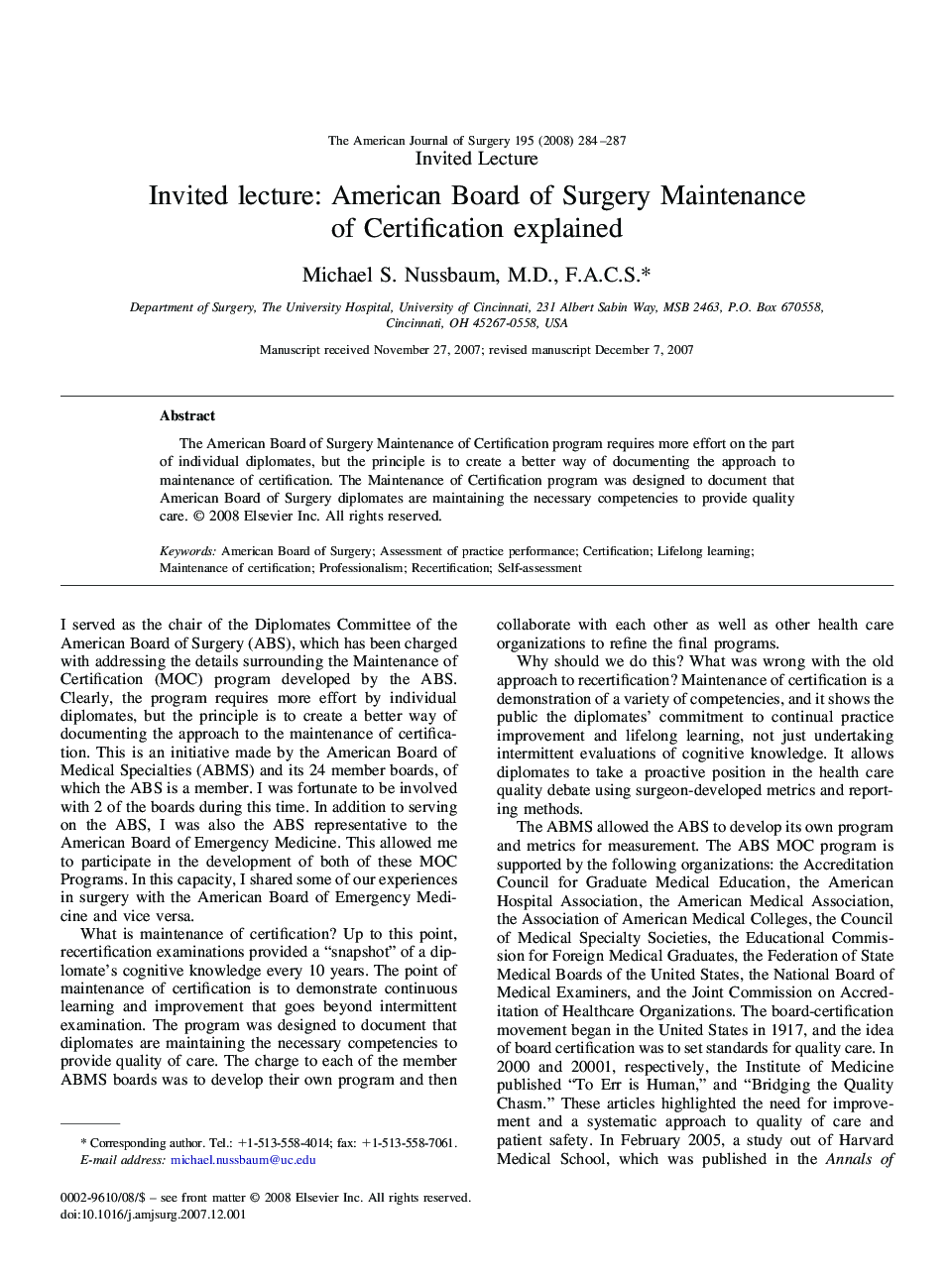 Invited lecture: American Board of Surgery Maintenance of Certification explained