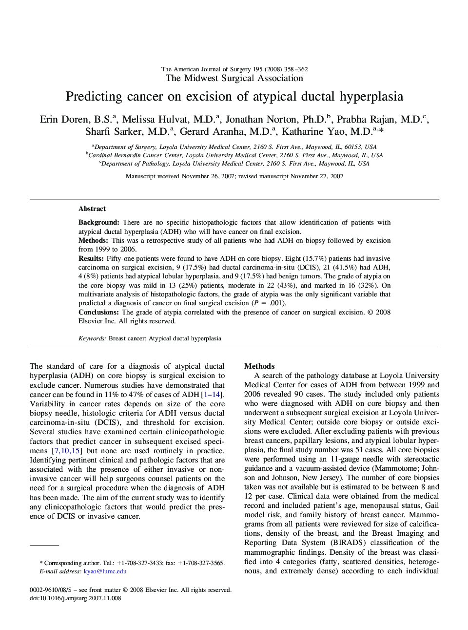 Predicting cancer on excision of atypical ductal hyperplasia