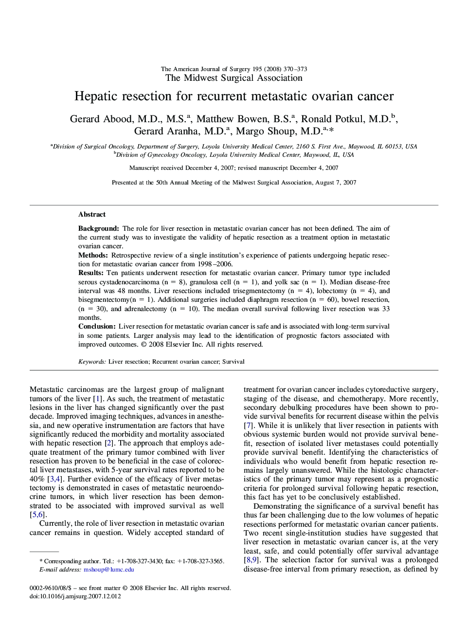 Hepatic resection for recurrent metastatic ovarian cancer