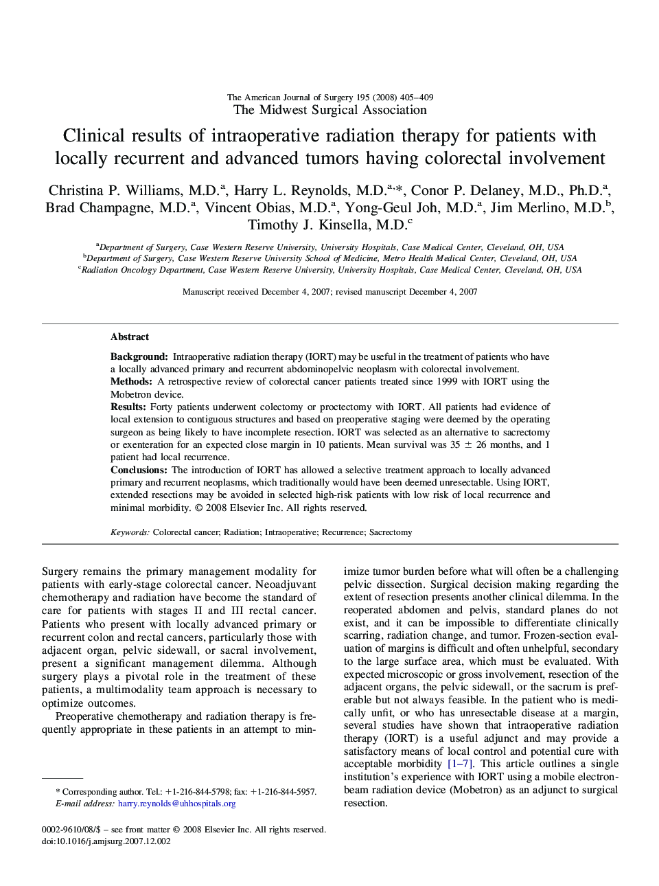 Clinical results of intraoperative radiation therapy for patients with locally recurrent and advanced tumors having colorectal involvement