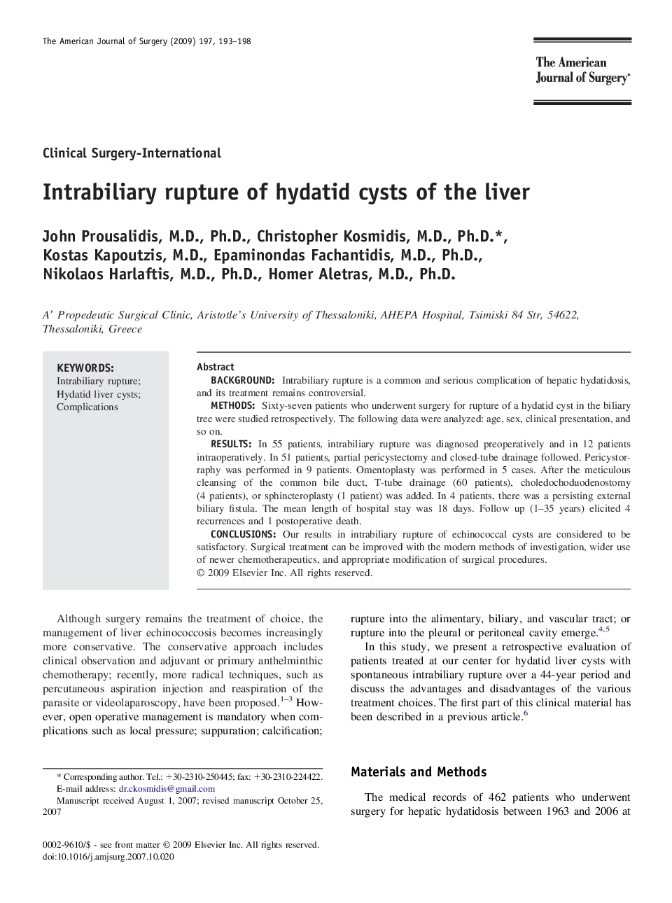 Intrabiliary rupture of hydatid cysts of the liver