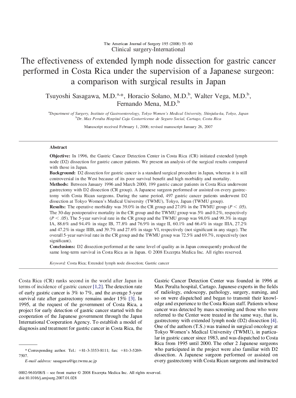 The effectiveness of extended lymph node dissection for gastric cancer performed in Costa Rica under the supervision of a Japanese surgeon: a comparison with surgical results in Japan