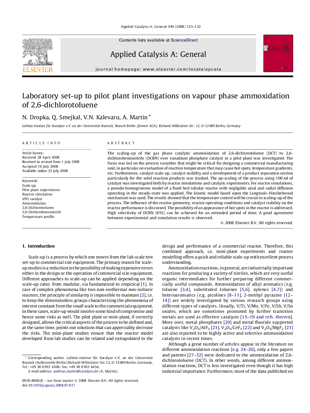 Laboratory set-up to pilot plant investigations on vapour phase ammoxidation of 2,6-dichlorotoluene