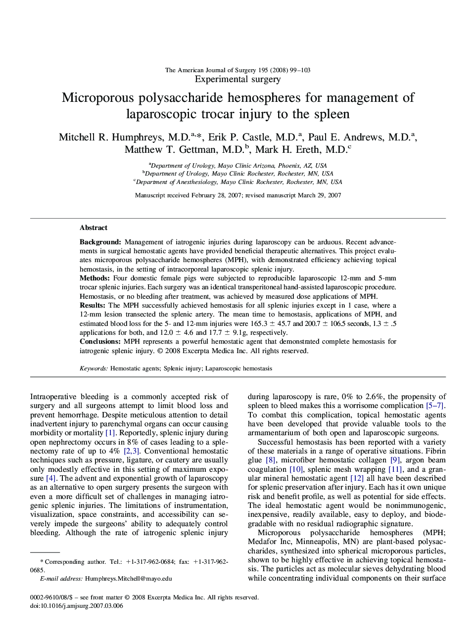 Microporous polysaccharide hemospheres for management of laparoscopic trocar injury to the spleen