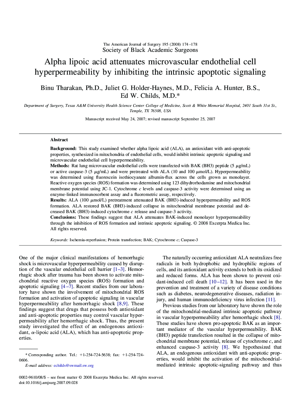 Alpha lipoic acid attenuates microvascular endothelial cell hyperpermeability by inhibiting the intrinsic apoptotic signaling