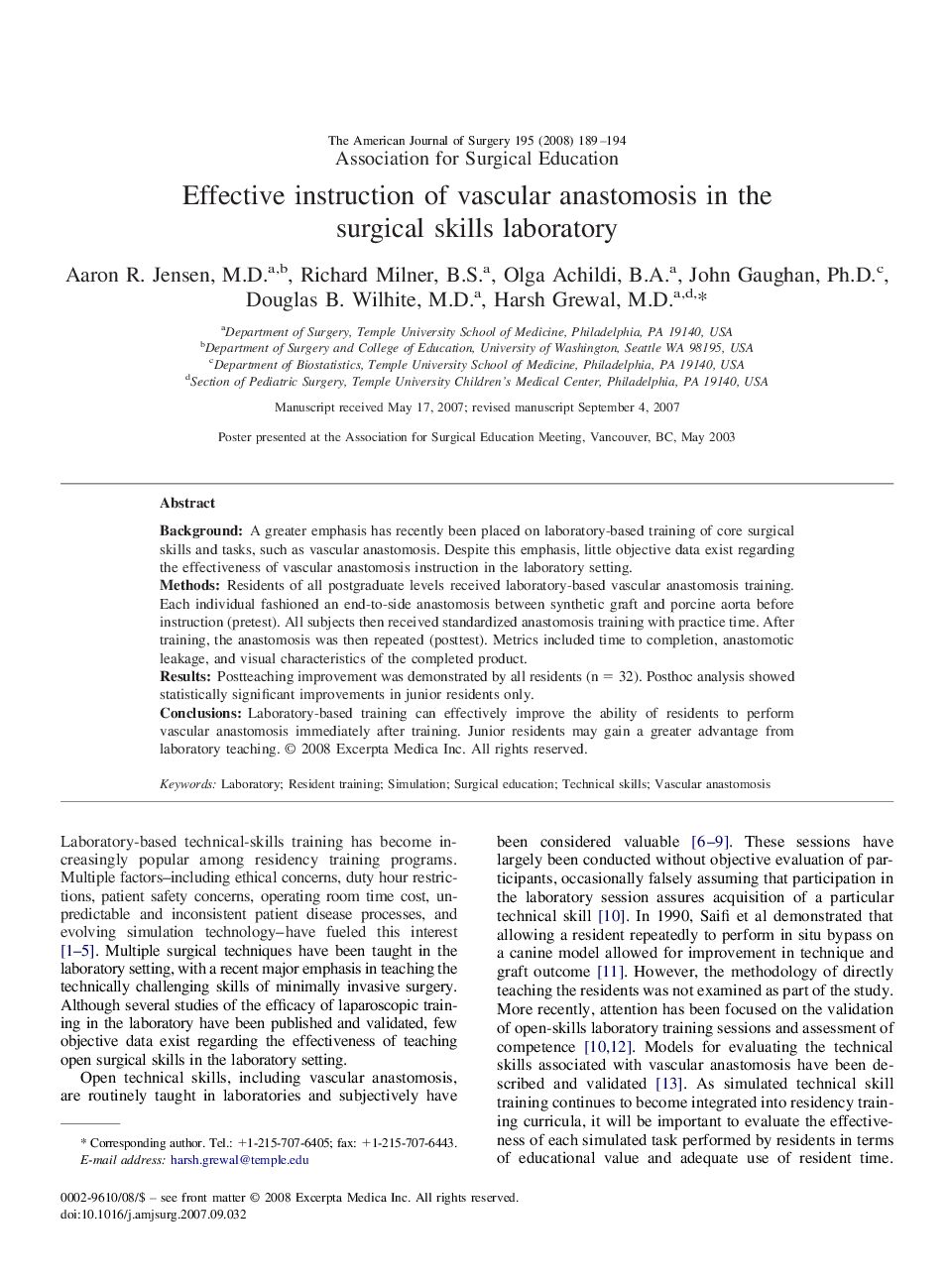 Effective instruction of vascular anastomosis in the surgical skills laboratory