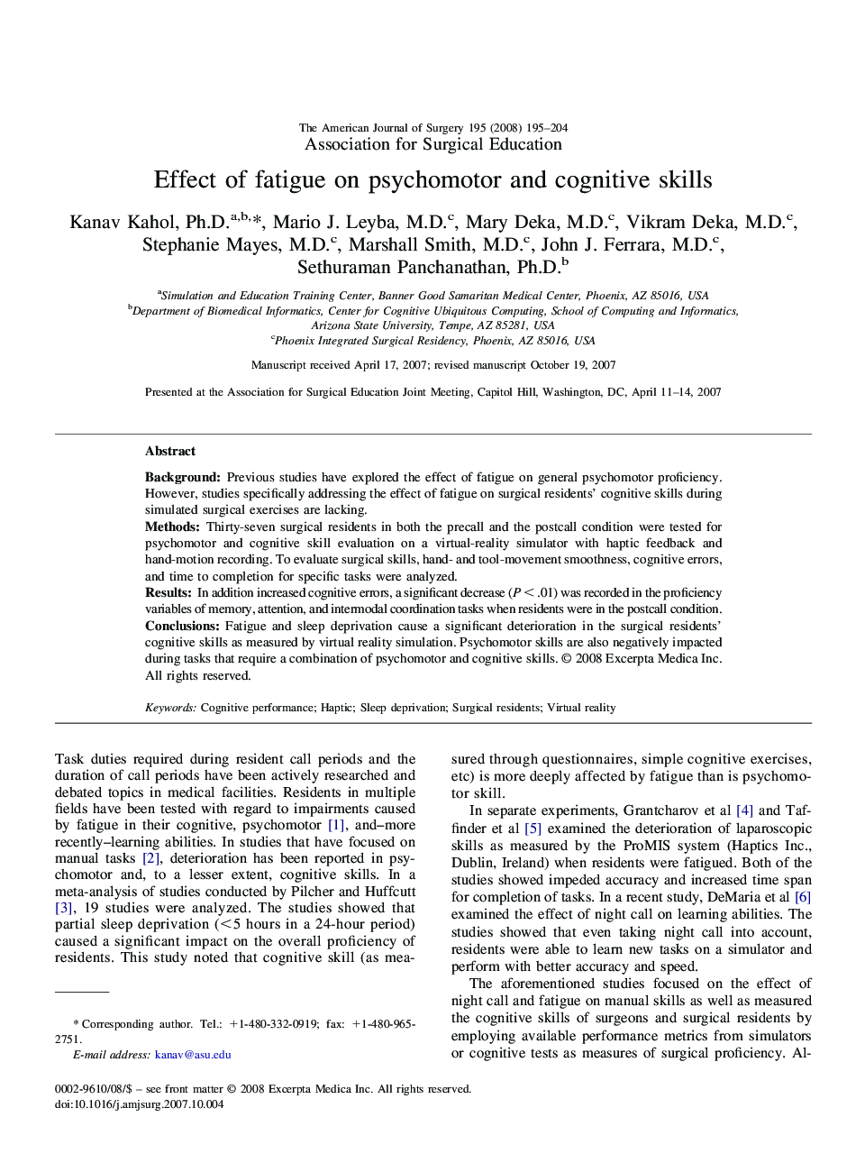 Effect of fatigue on psychomotor and cognitive skills