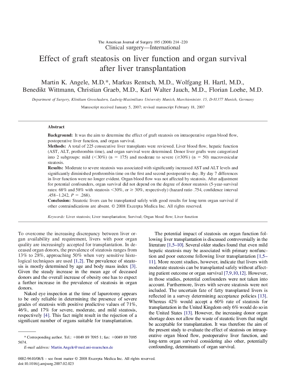 Effect of graft steatosis on liver function and organ survival after liver transplantation