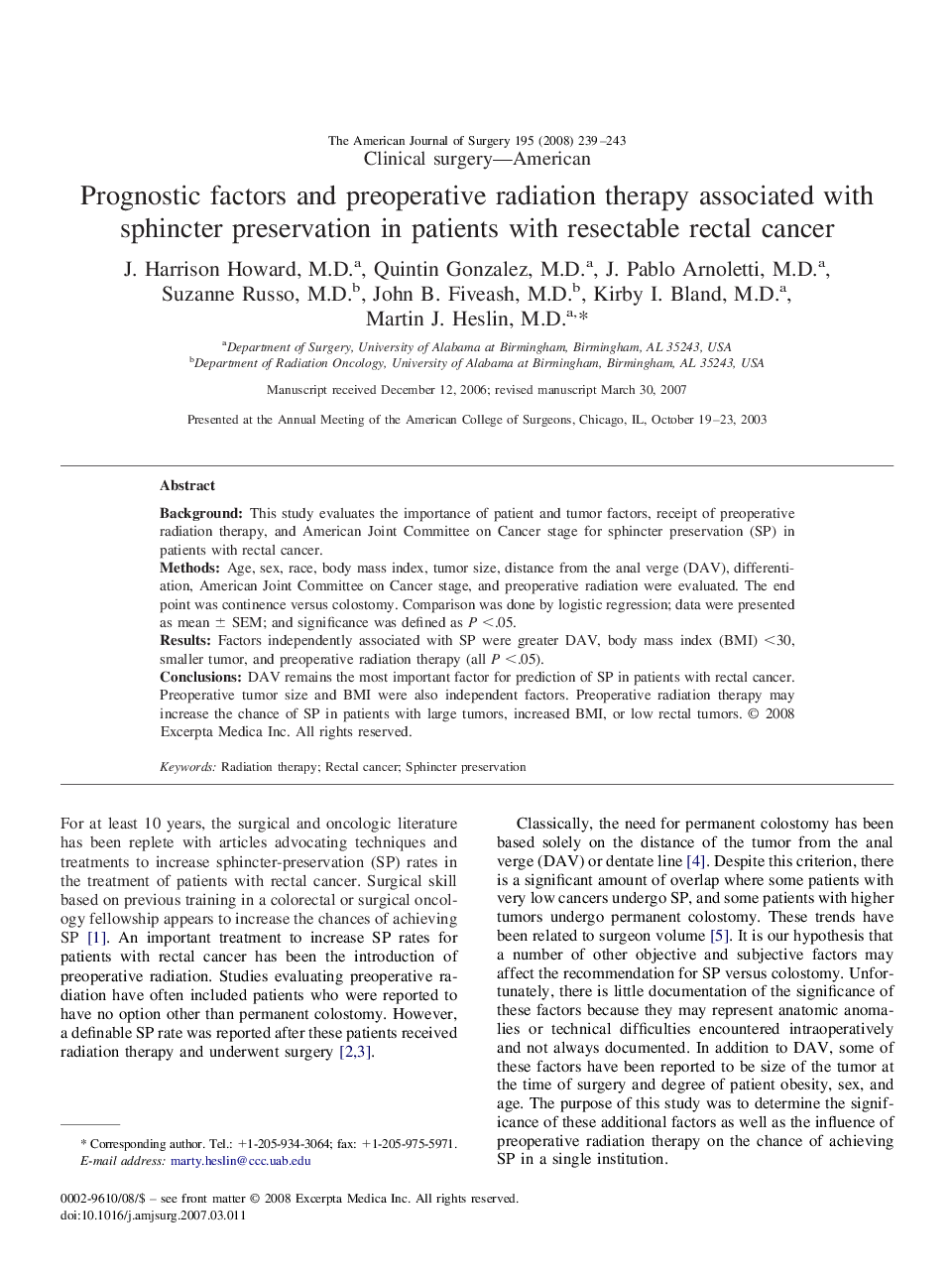 Prognostic factors and preoperative radiation therapy associated with sphincter preservation in patients with resectable rectal cancer