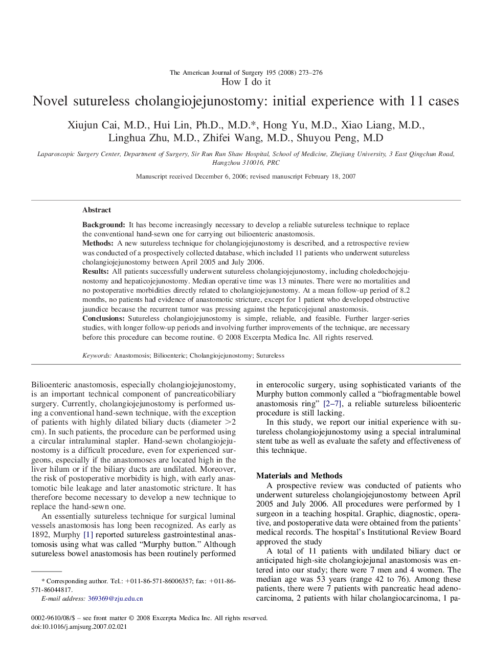 Novel sutureless cholangiojejunostomy: initial experience with 11 cases